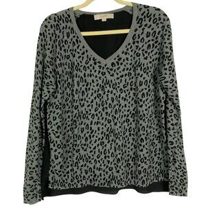 LOFT V-neck Animal Print Mixed Media Sweater, Medium, Gray/Black